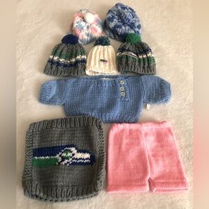 6 piece hand knitted vintage doll clothes by Dorothy Hawley, 1 free